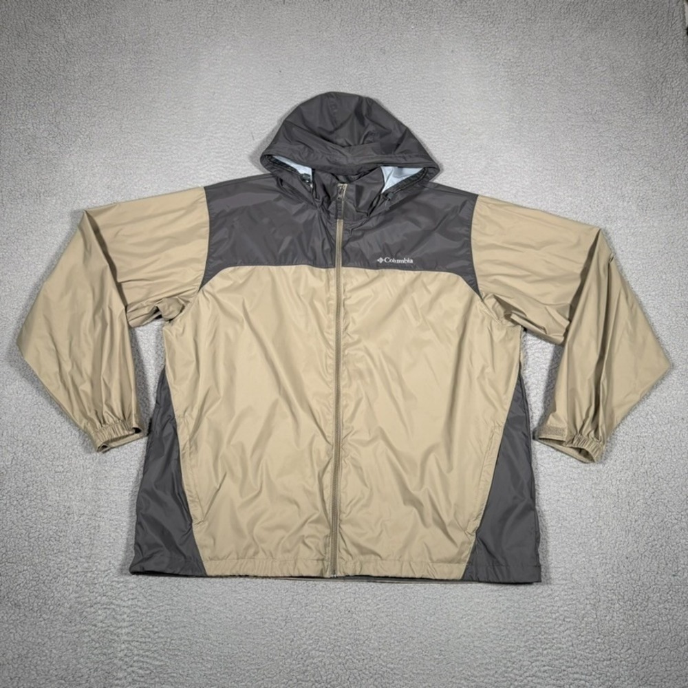 Columbia Windbreaker Jacket Mens XXL Brown Tuck Away Hood Full Zip Outdoor Nylon